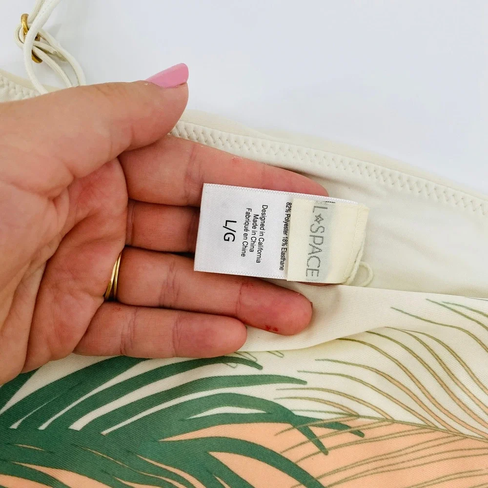 L*Space Clyde Bikini Top Large Peach Green Palm Print Strappy Bandeau Swim